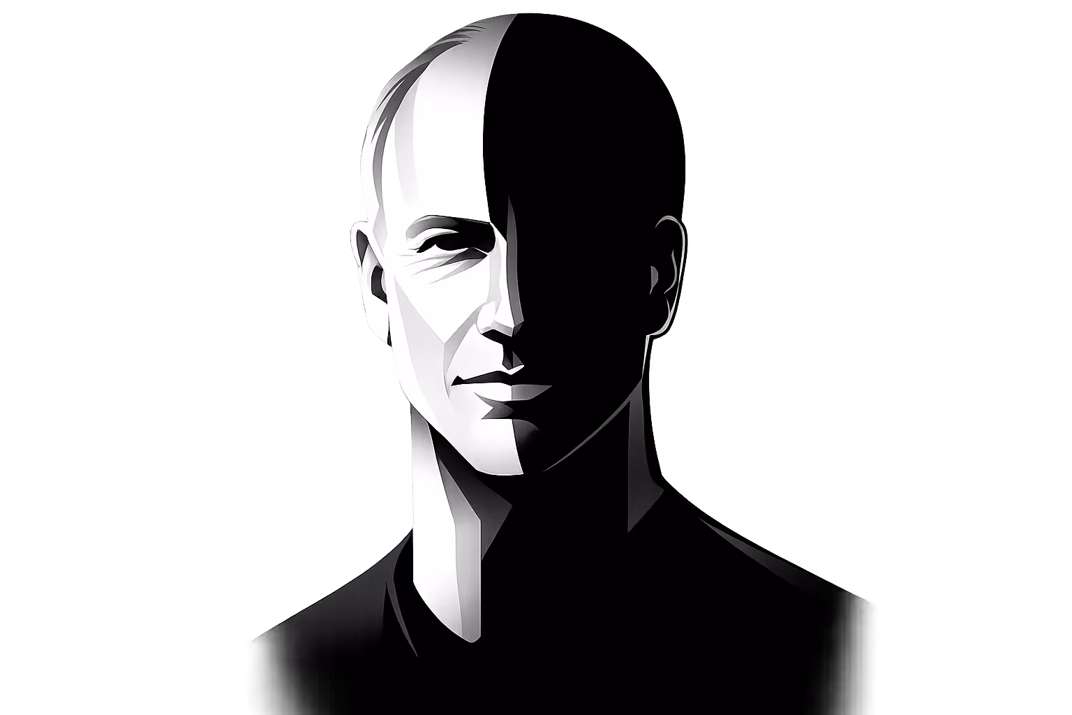 Stylized black and white illustration of a man's face with one half in light and the other half in shadow against a gradient background.