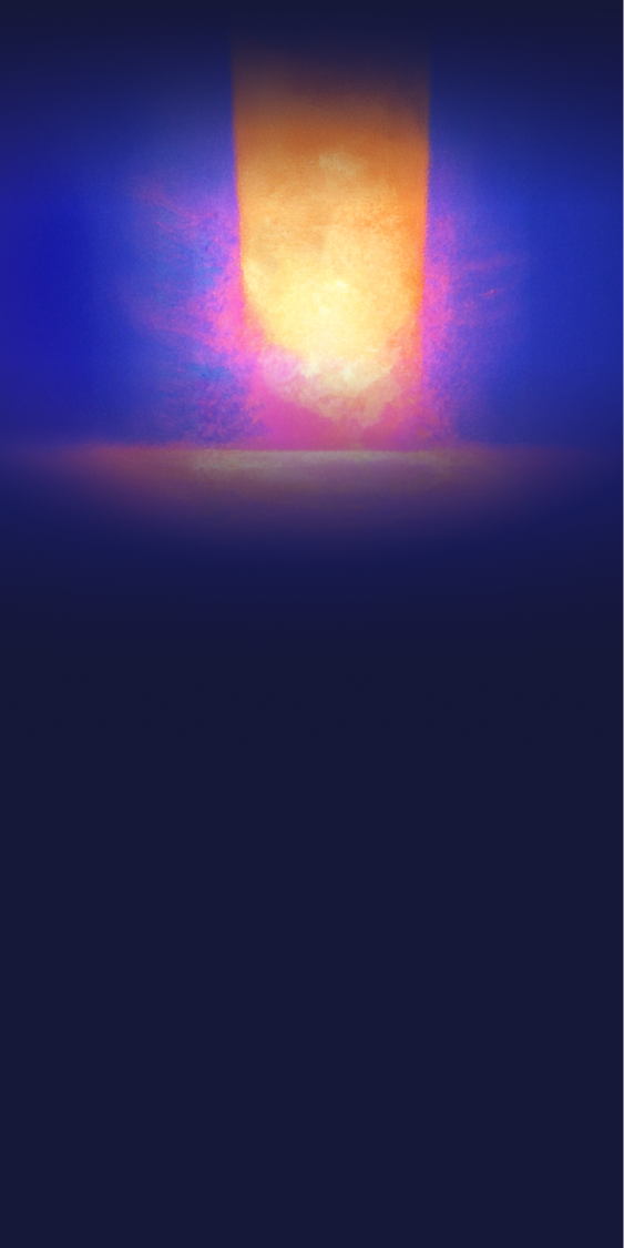 Abstract vertical glowing beam of light in warm orange and purple hues against a dark blue background.