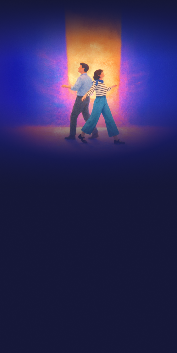 Illustration of a man and woman walking back-to-back with a glowing orange doorway behind them against a dark blue background.