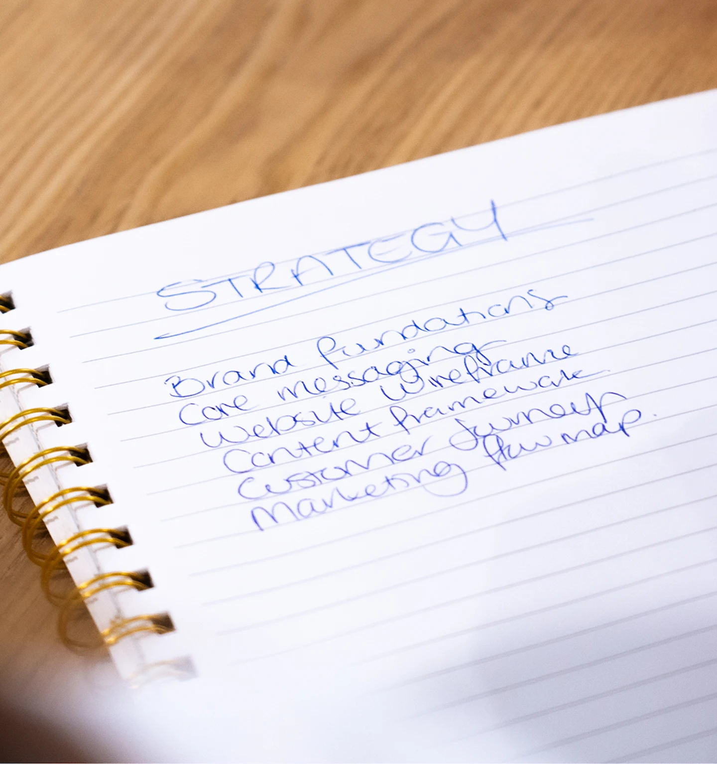 Notebook with handwritten notes from a brand strategy workshop