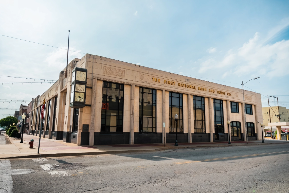 The historic downtown Chickasha bank building on the corner