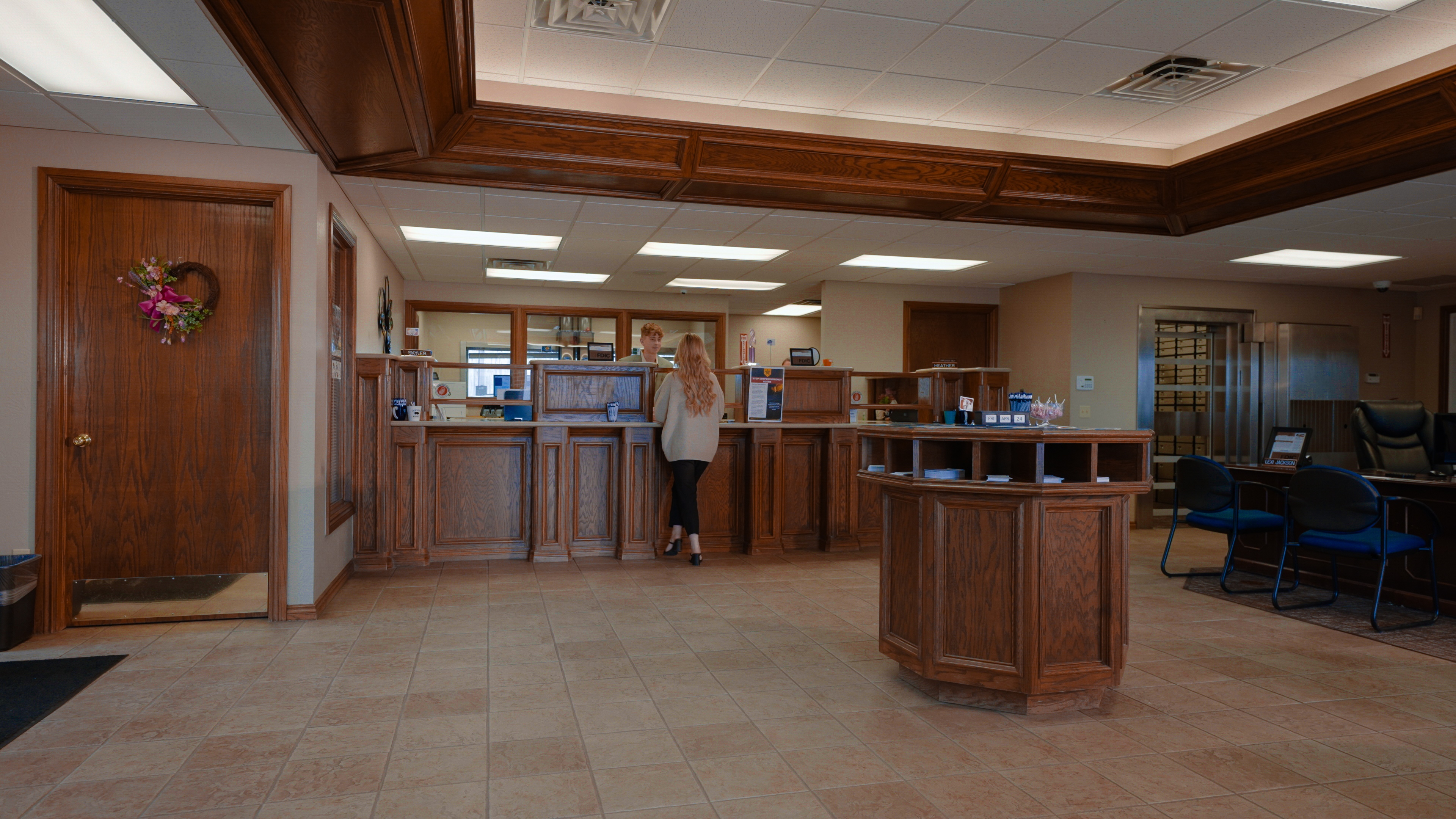 Teller counter inside the Brooks Bank Blanchard branch lobby