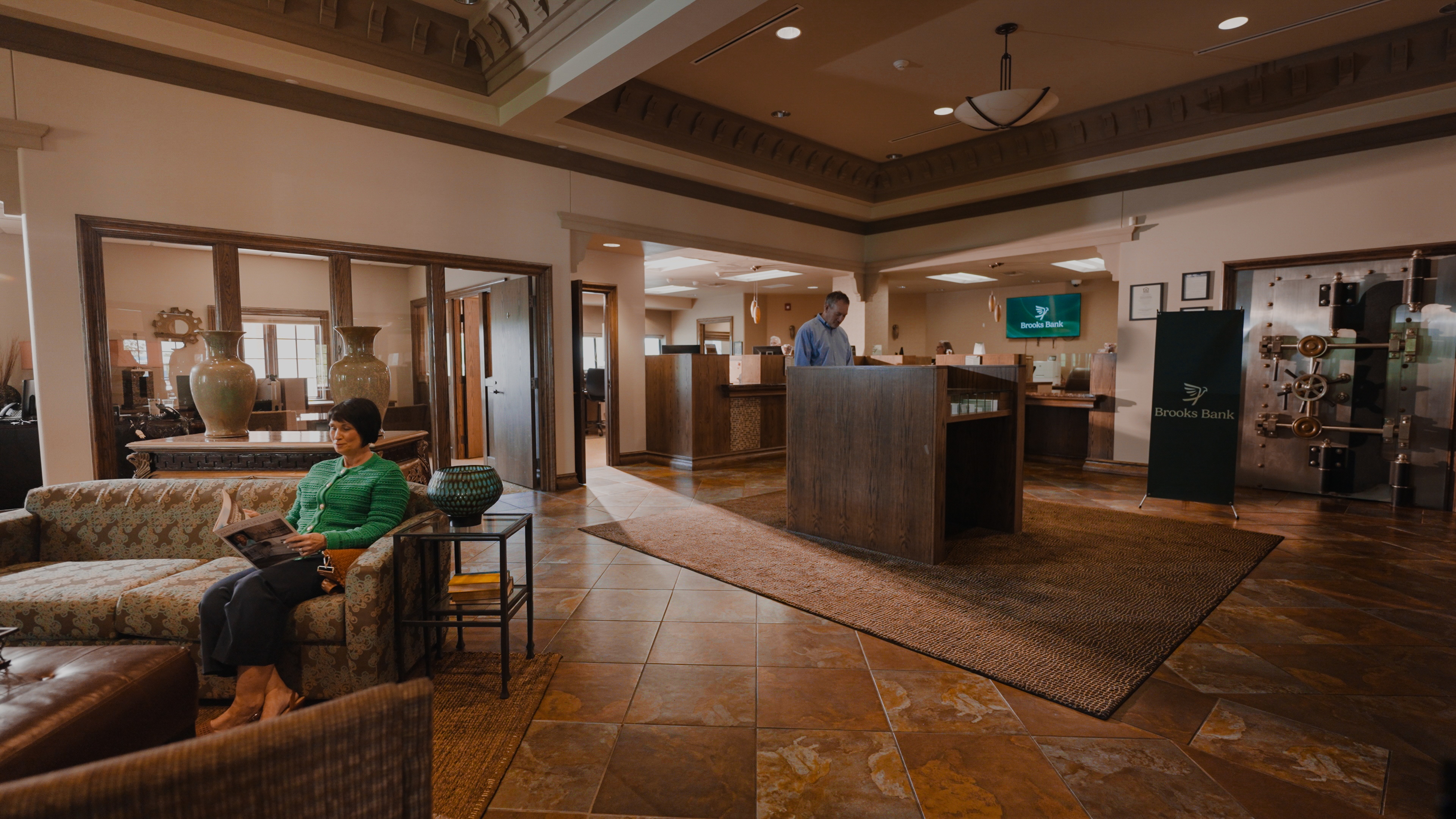 Lobby seating and teller counter inside the Brooks Bank Southwest OKC branch