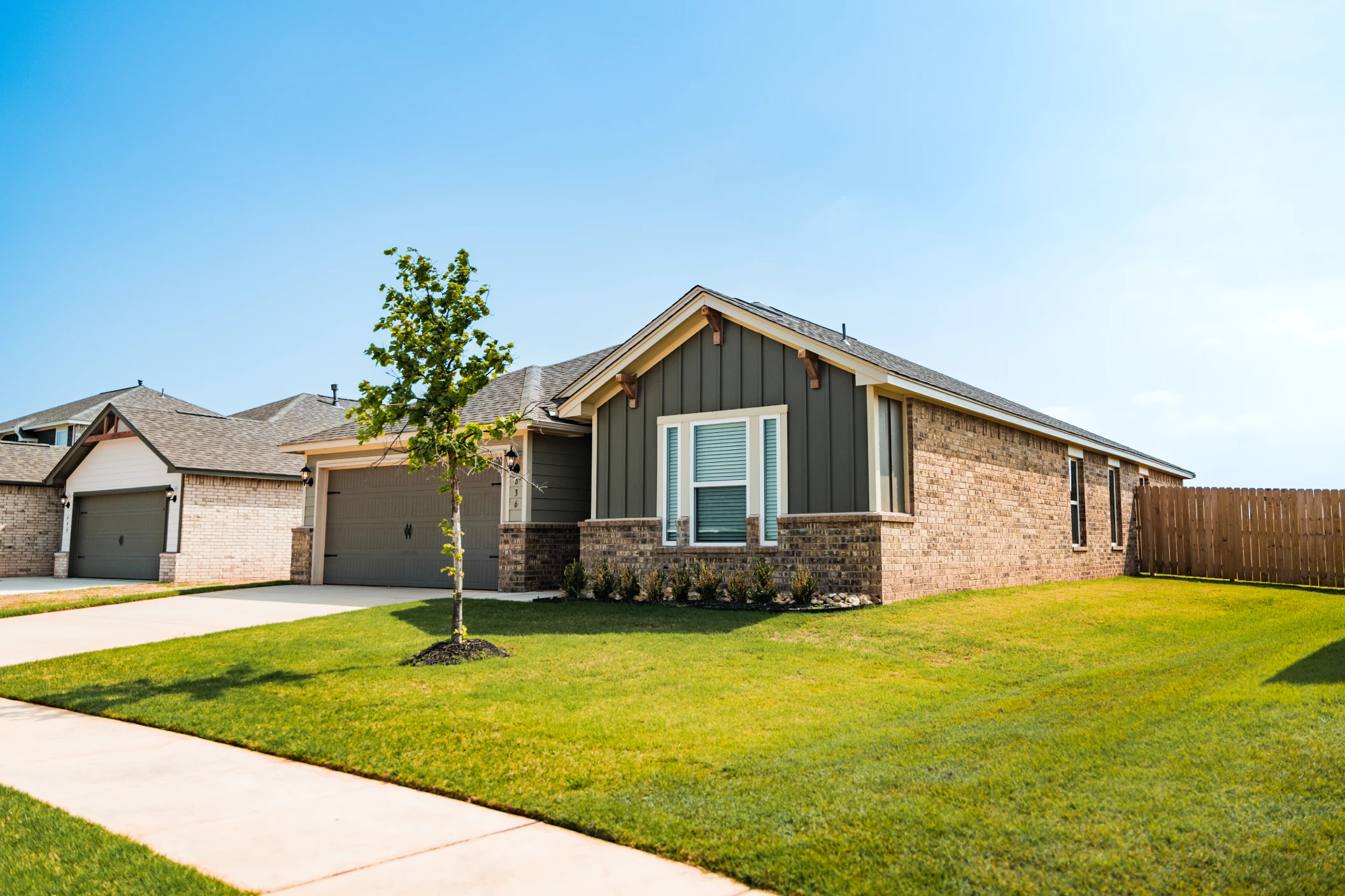 Newly built suburban home with a young tree in the front yard