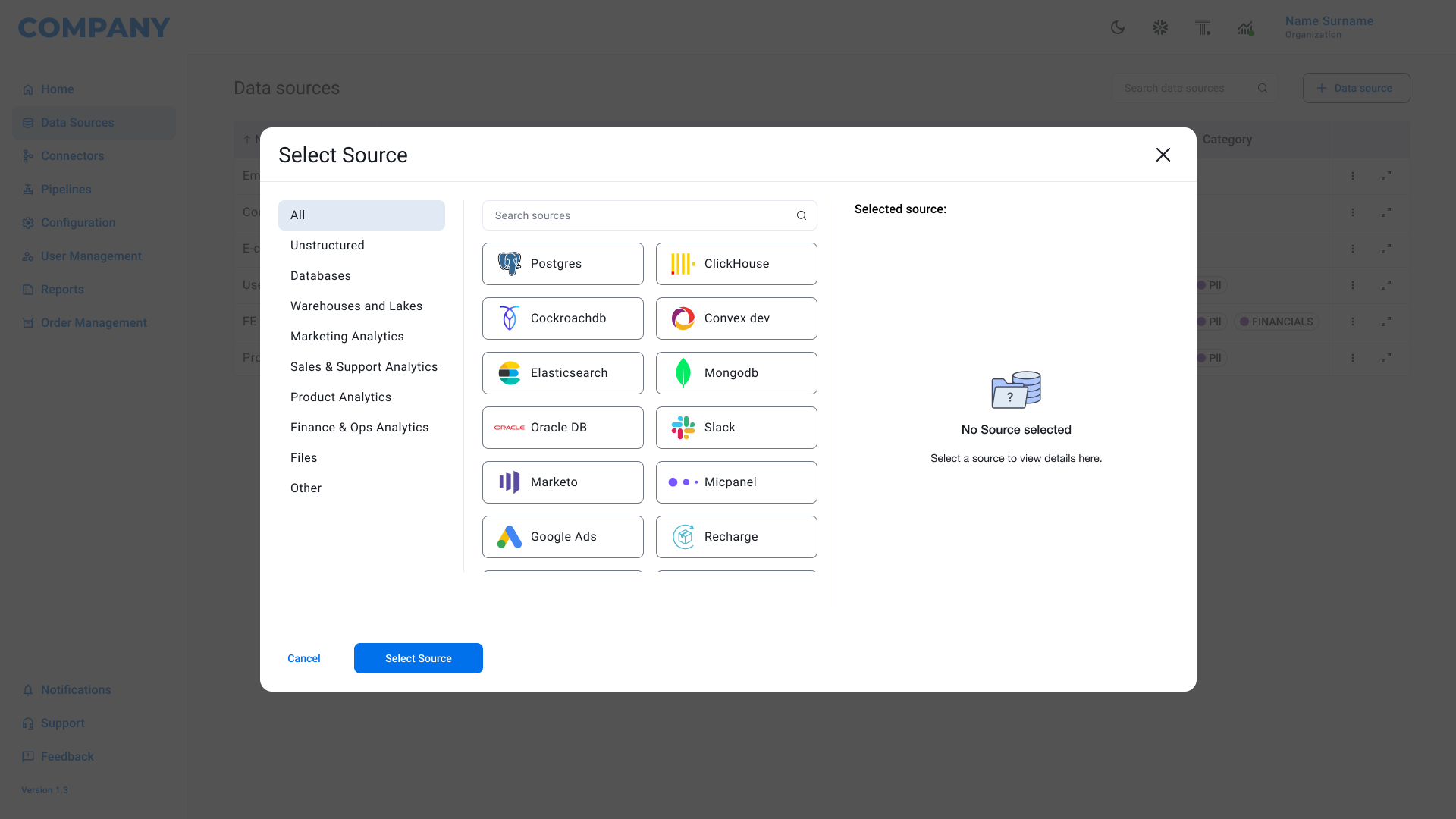 Screen showing part of process of adding new data source. 