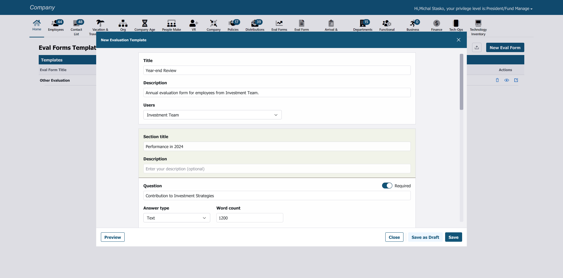 Screen shownig modal for creation of new evaluation form.