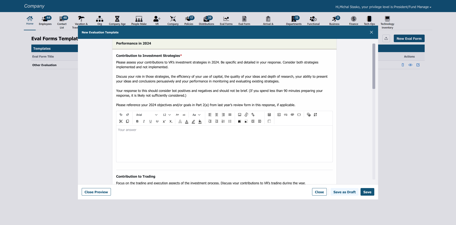 Screen showing preview of created evalutaion form. 