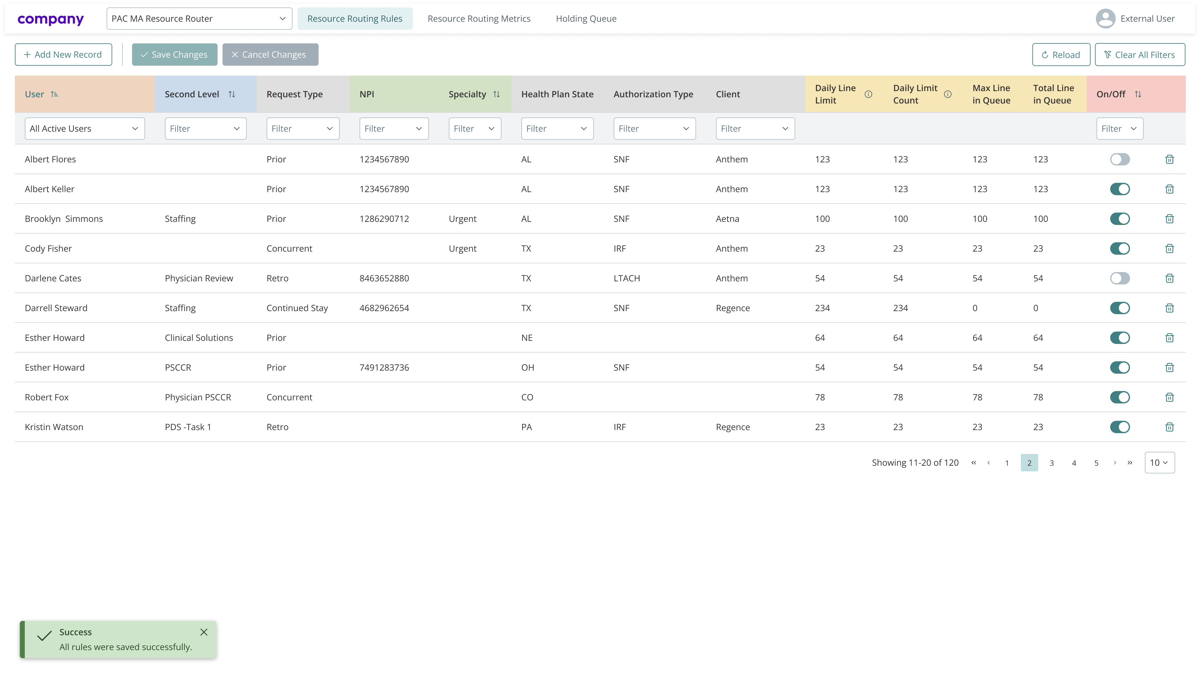 Screen showing routing rules table