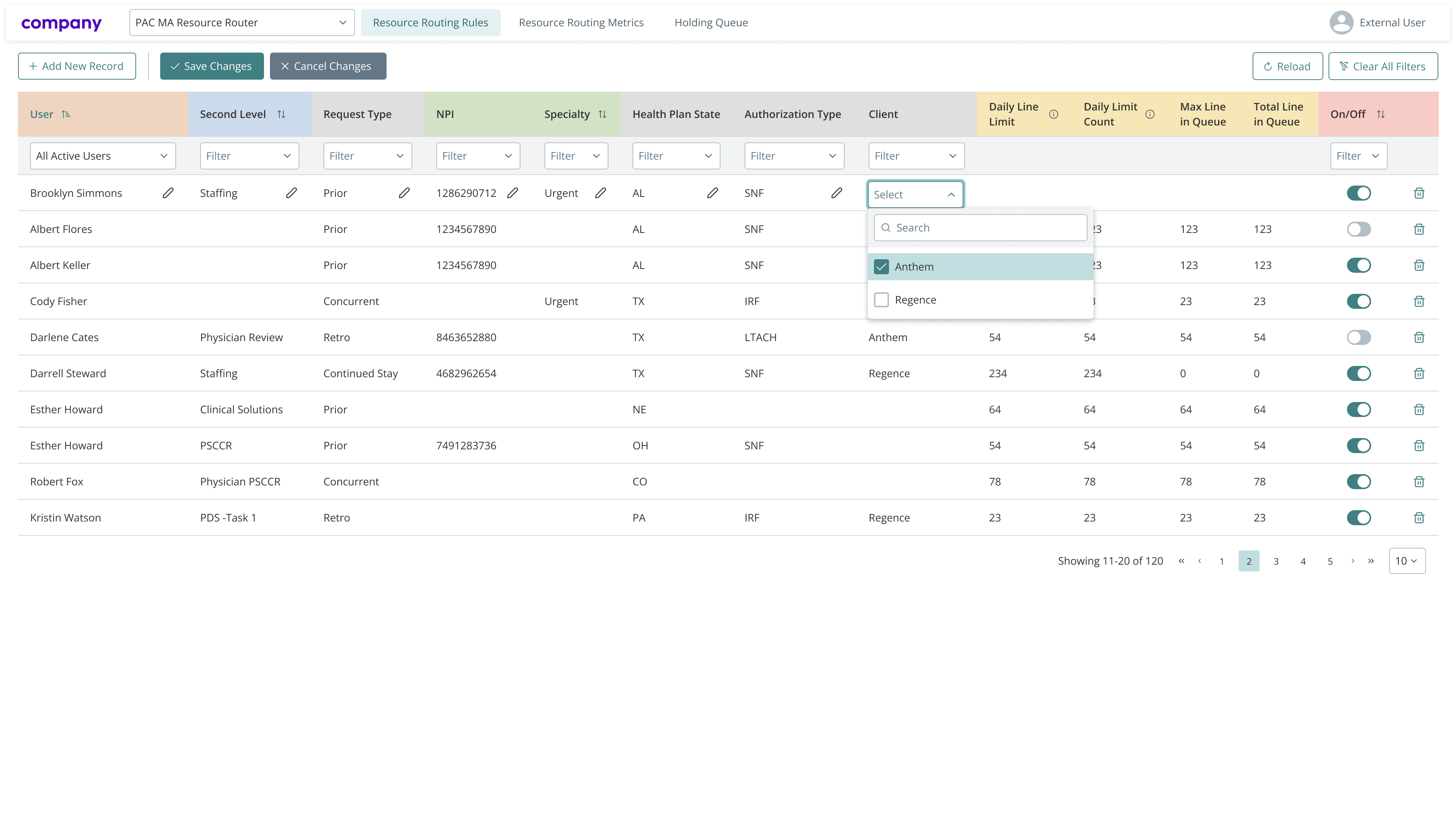 Screen showing routing rules table