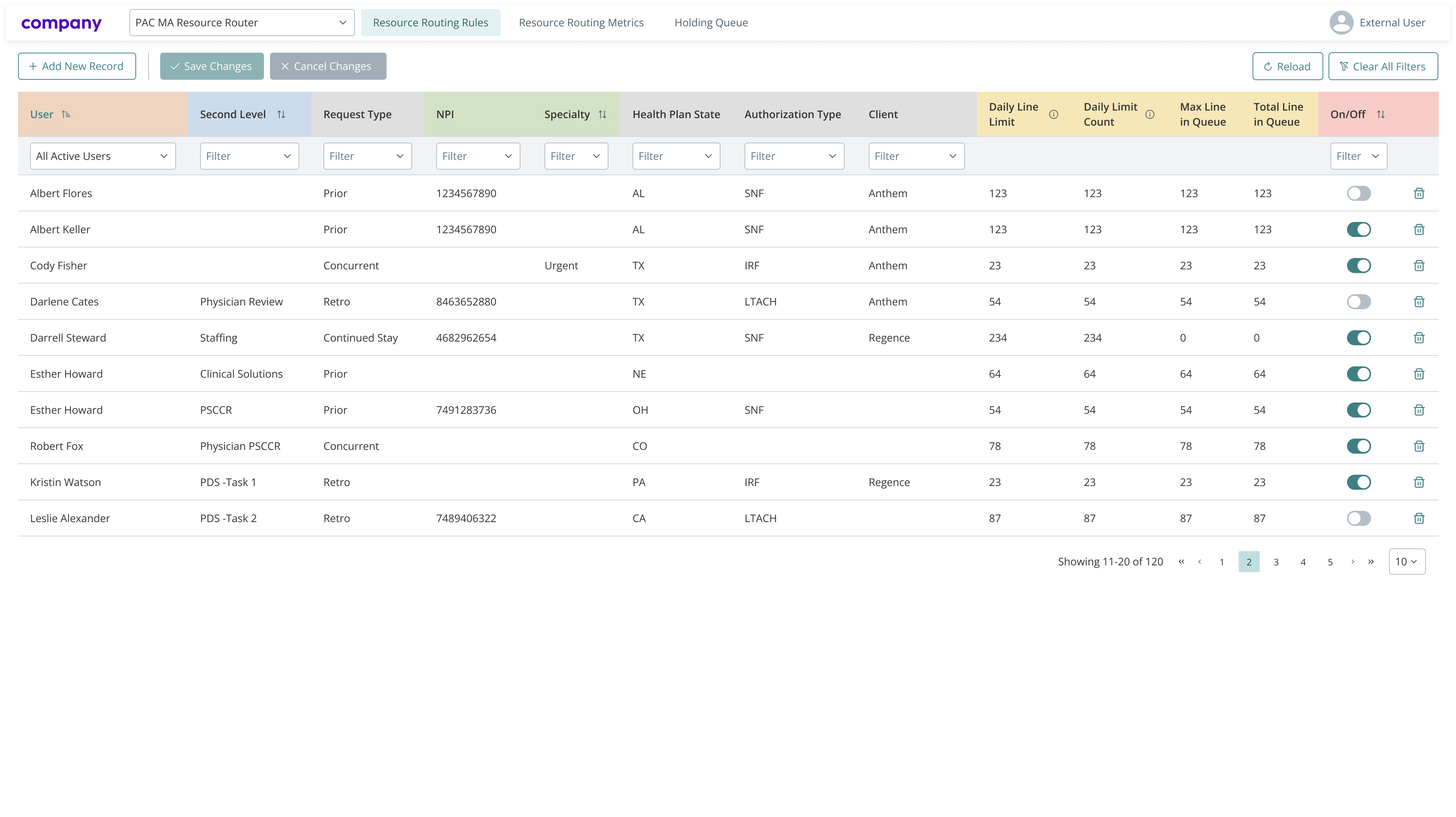 Screen showing routing rules table
