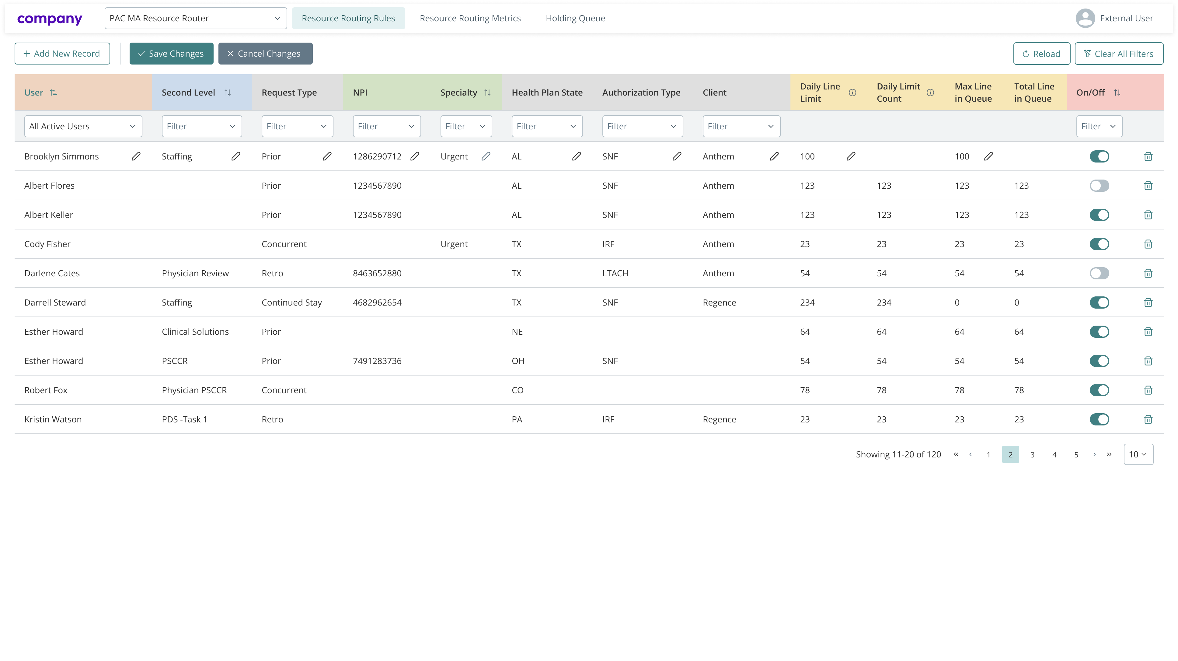Screen showing routing rules table