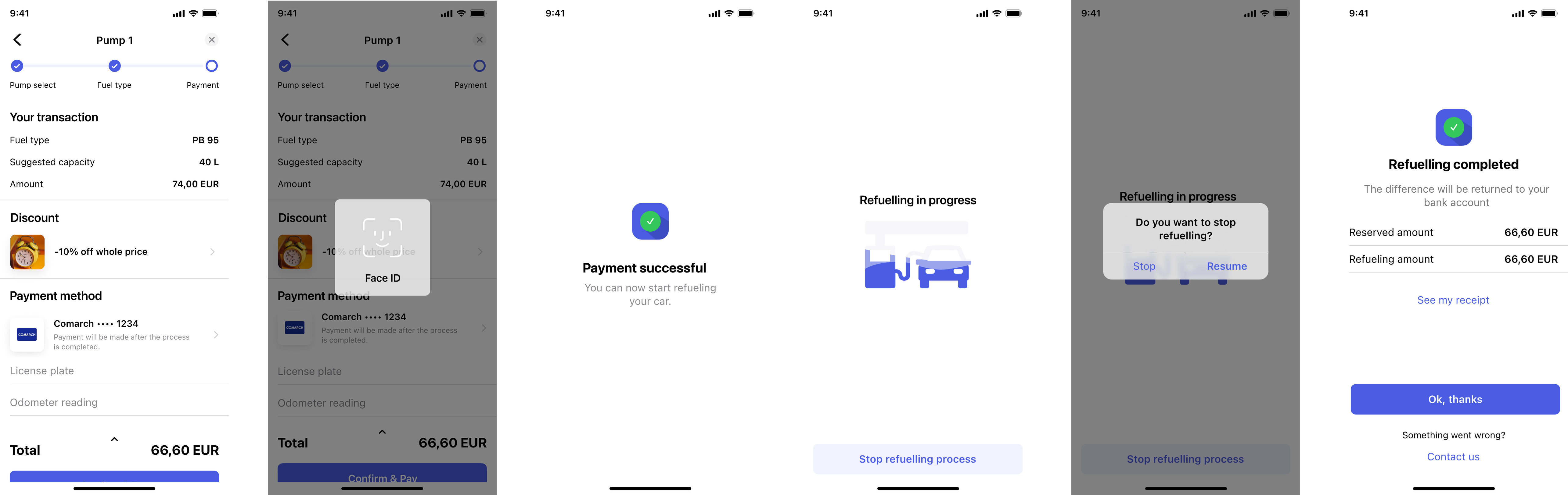 Screens showing different steps of paying for fuel.