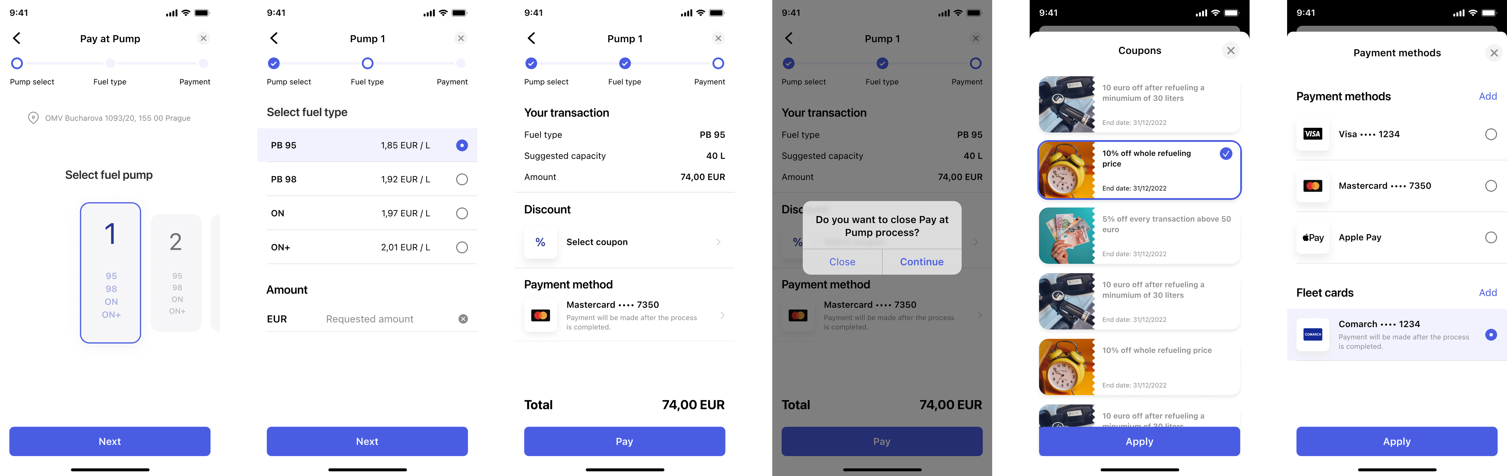 Screens showing different steps of paying for fuel.