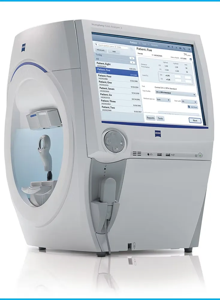 Zeiss Humphrey Field Analyzer 3 for visual field testing showing patient test results on the screen.