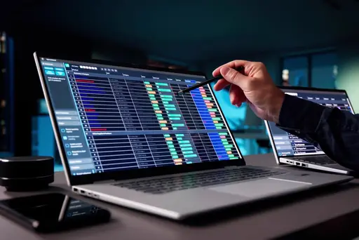 Person pointing at a laptop screen displaying a detailed data table with charts using a pen, with a second laptop and smartphone nearby on a desk in a dimly lit room.