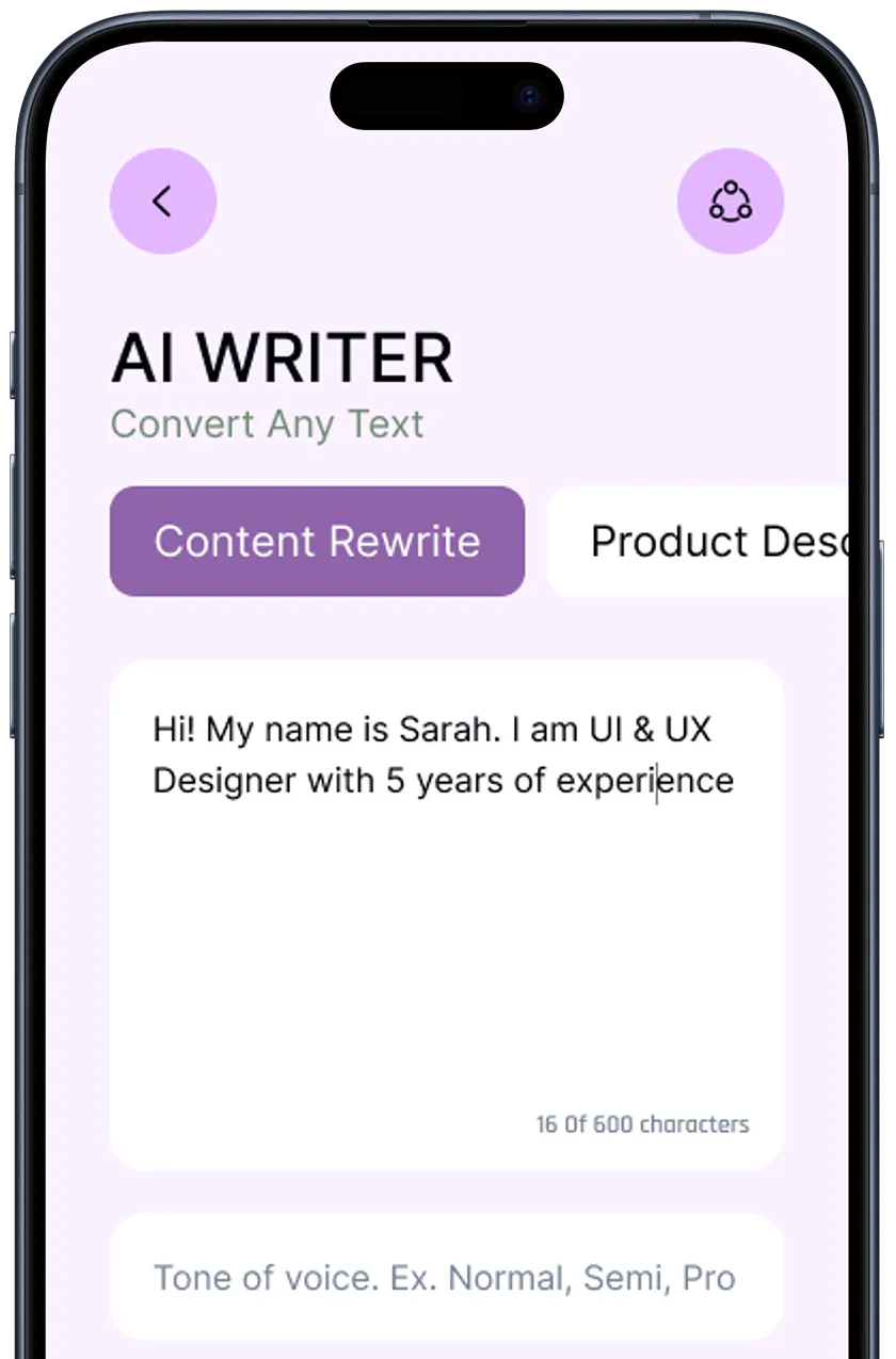 Mobile screen showing AI Writer app with Content Rewrite tab, displaying text about Sarah, a UI & UX Designer with 5 years experience.