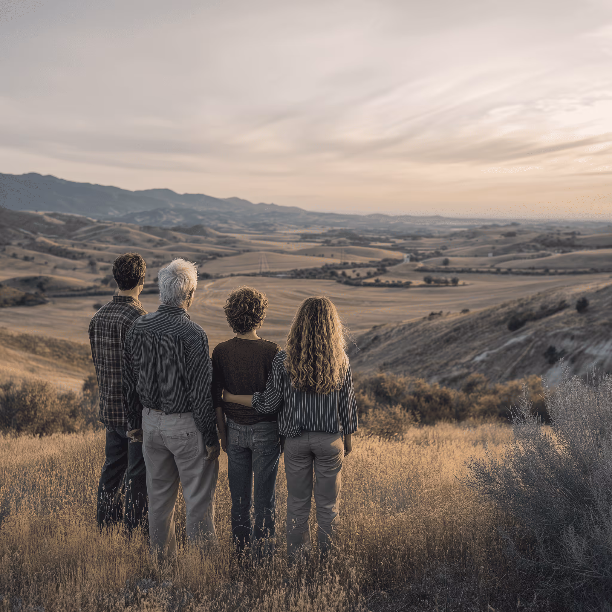Four people standing with their backs to the camera looking out over a vast, rolling countryside at sunset.