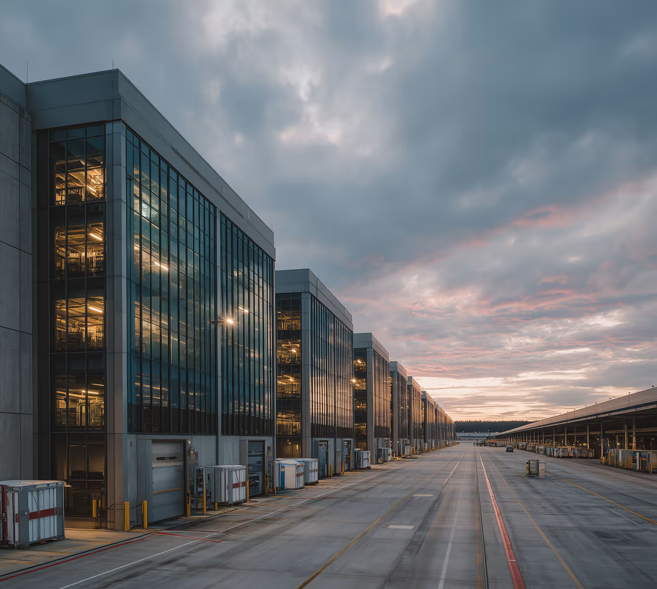 Exterior of a large modern facility with glass windows and a wide tarmac under a cloudy sky at sunset.
