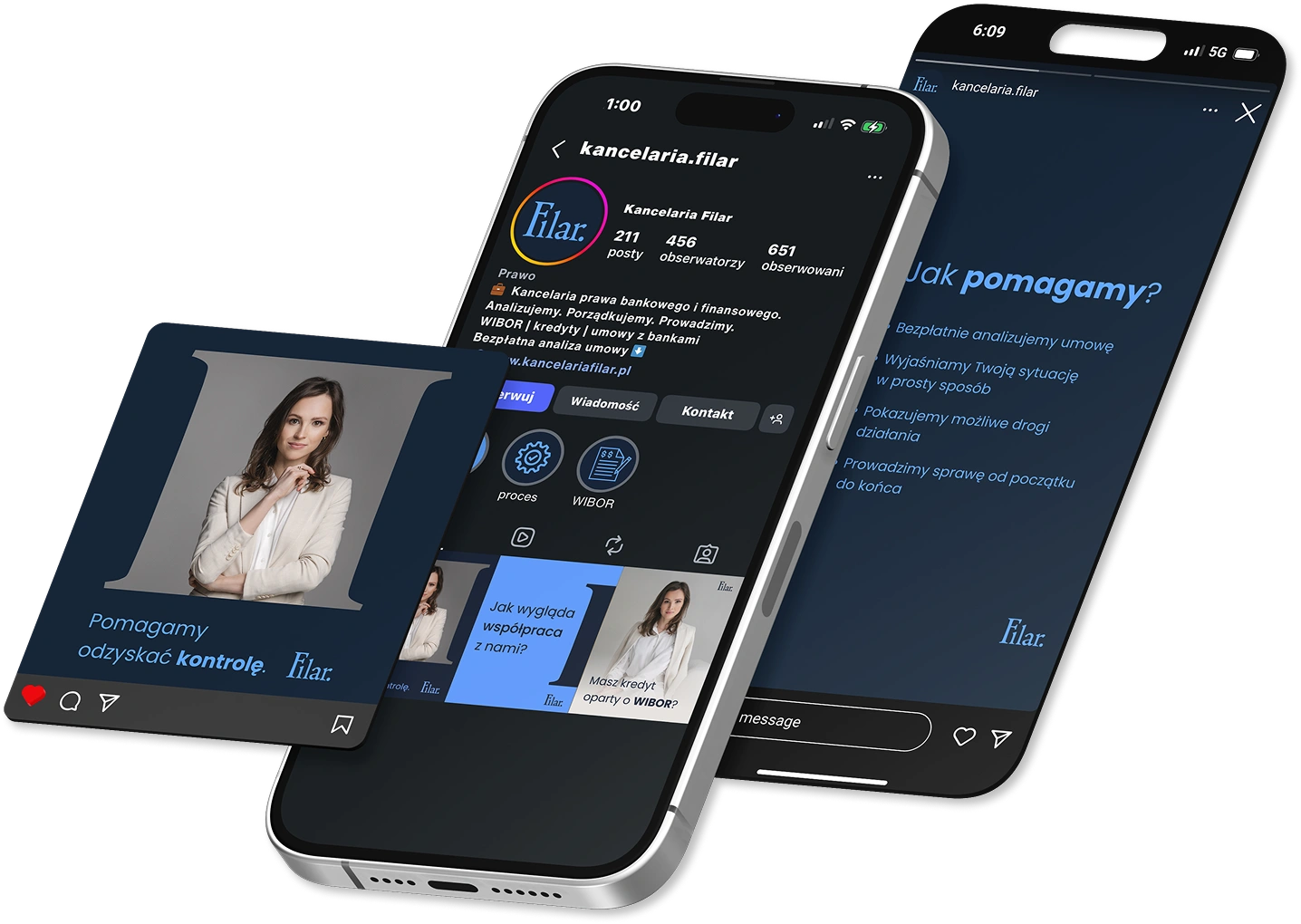 Widok profilu kancelarii Filar na Instagramie – treści edukacyjne dotyczące WIBOR i umów kredytowych.