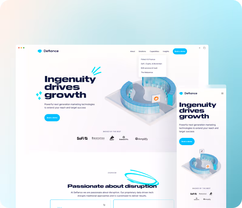Website homepage of Defiance showing marketing message 'Ingenuity drives growth' with a 3D circular office model and a mobile view of the site.