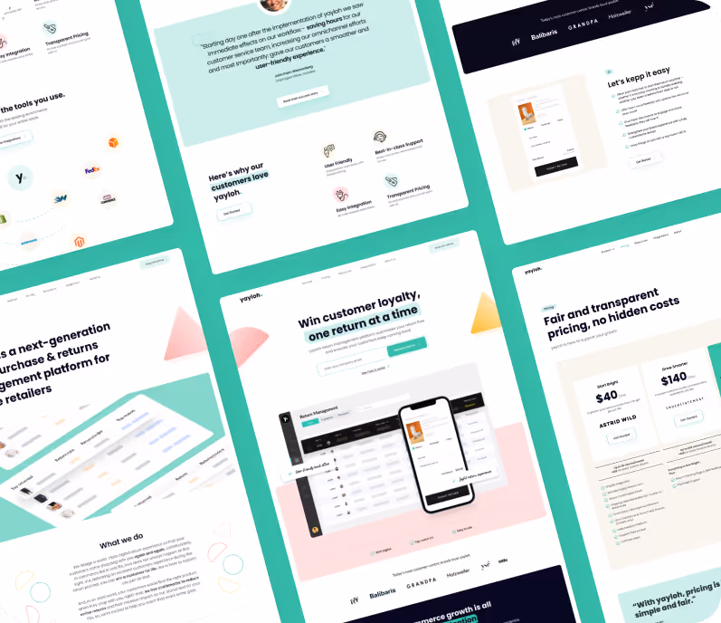 Website design previews showcasing features, pricing, and customer reviews for a next-generation purchase and returns management platform called yayloh.