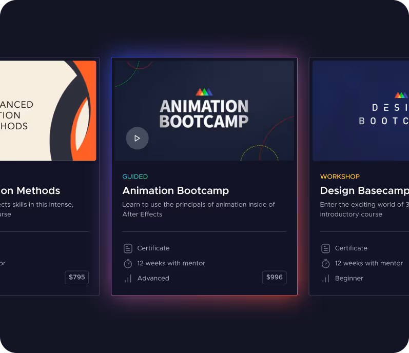 Course card for Animation Bootcamp offering a guided advanced 12-week After Effects animation course with certificate and mentor, priced at $996.