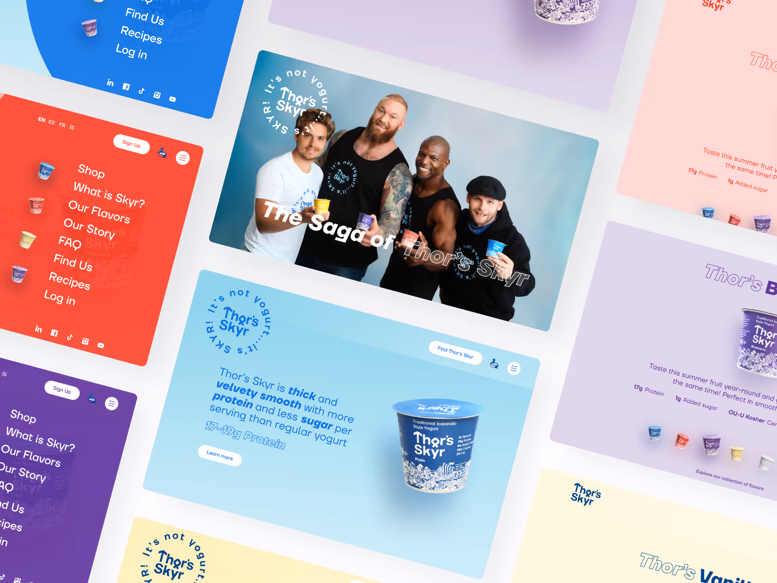 Four men smiling and holding colorful containers of Thor's Skyr yogurt with text overlay 'The Saga of Thor's Skyr' on a blue background.