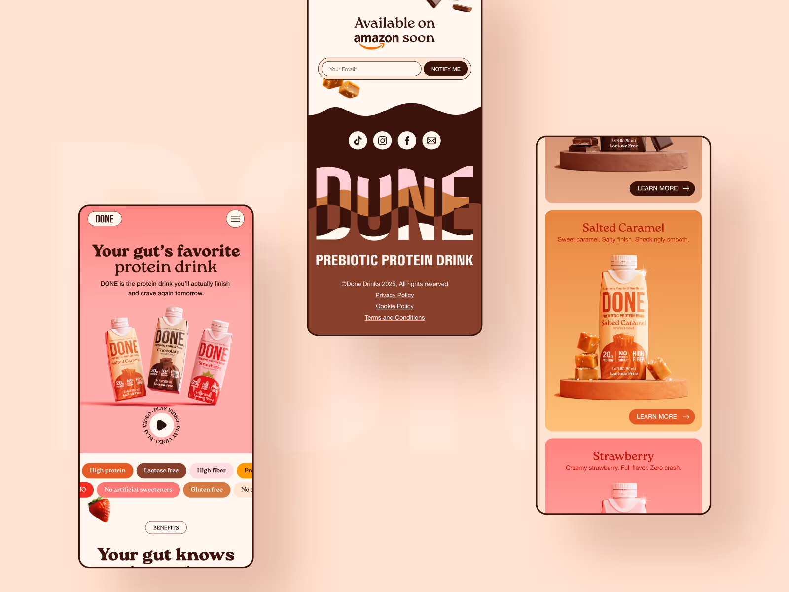 Three mobile screens showing DONE prebiotic protein drink with flavors salted caramel, chocolate, and strawberry, highlighting product features and purchase options.