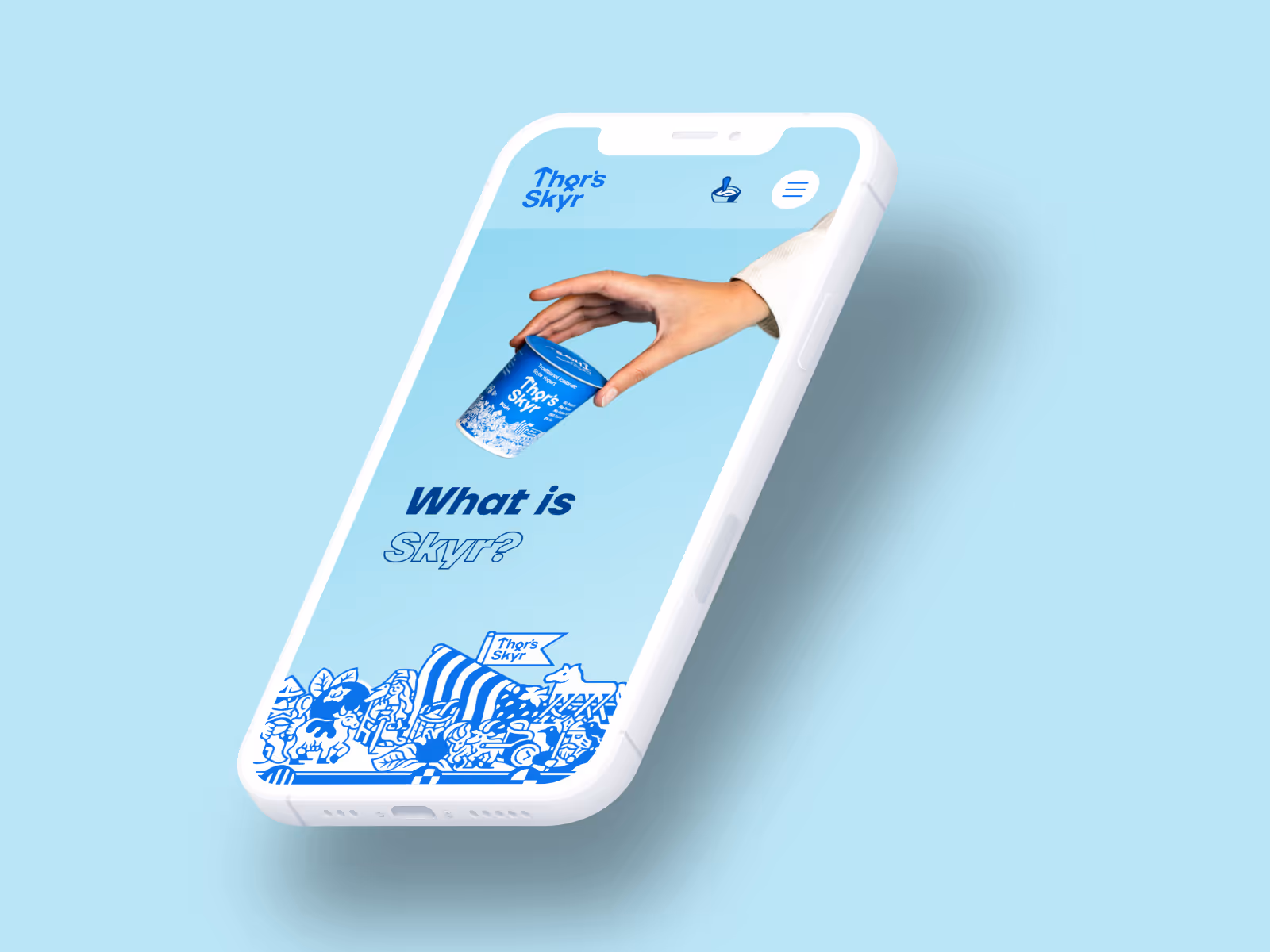 Smartphone screen showing a hand holding a container of Þor's Skyr with text 'What is Skyr?' and blue illustrations at the bottom.
