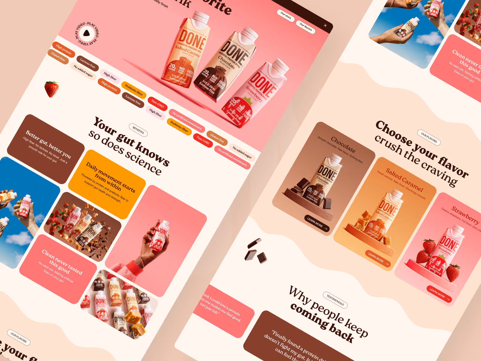 Website layout showcasing DONE prebiotic protein drink flavors: Salted Caramel, Chocolate, and Strawberry with benefits and testimonials.