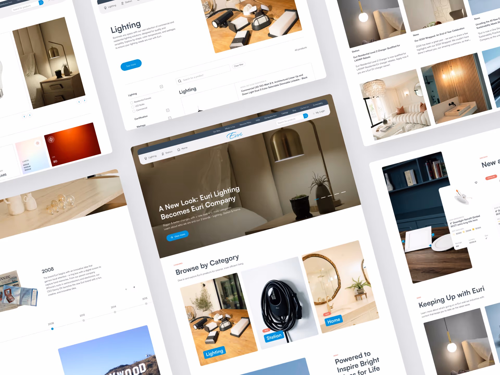 Website redesign mockup showcasing Euri Lighting's homepage with categories for Lighting, Station, and Home, product images, and news articles.