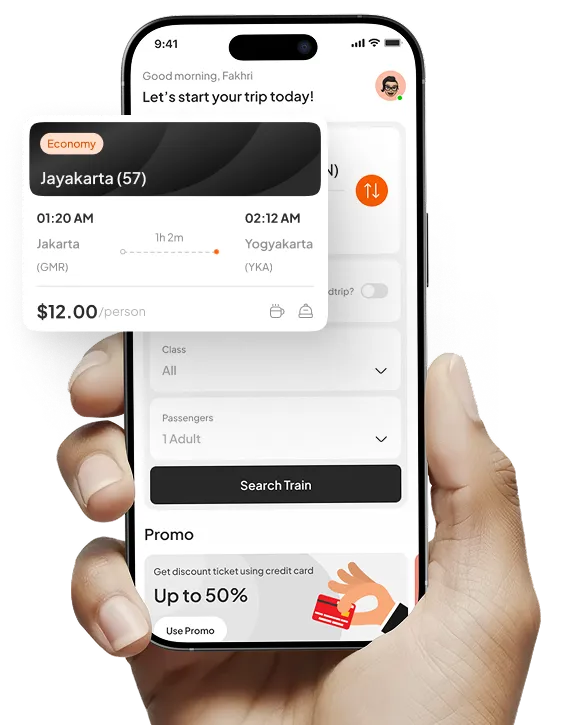 Mobile app screen showing train ticket options from Jakarta to Yogyakarta at $12 per person, with a promo for up to 50% off.