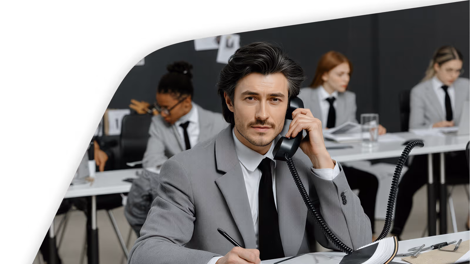 Man in gray suit talking on office phone while writing, with colleagues working behind him.