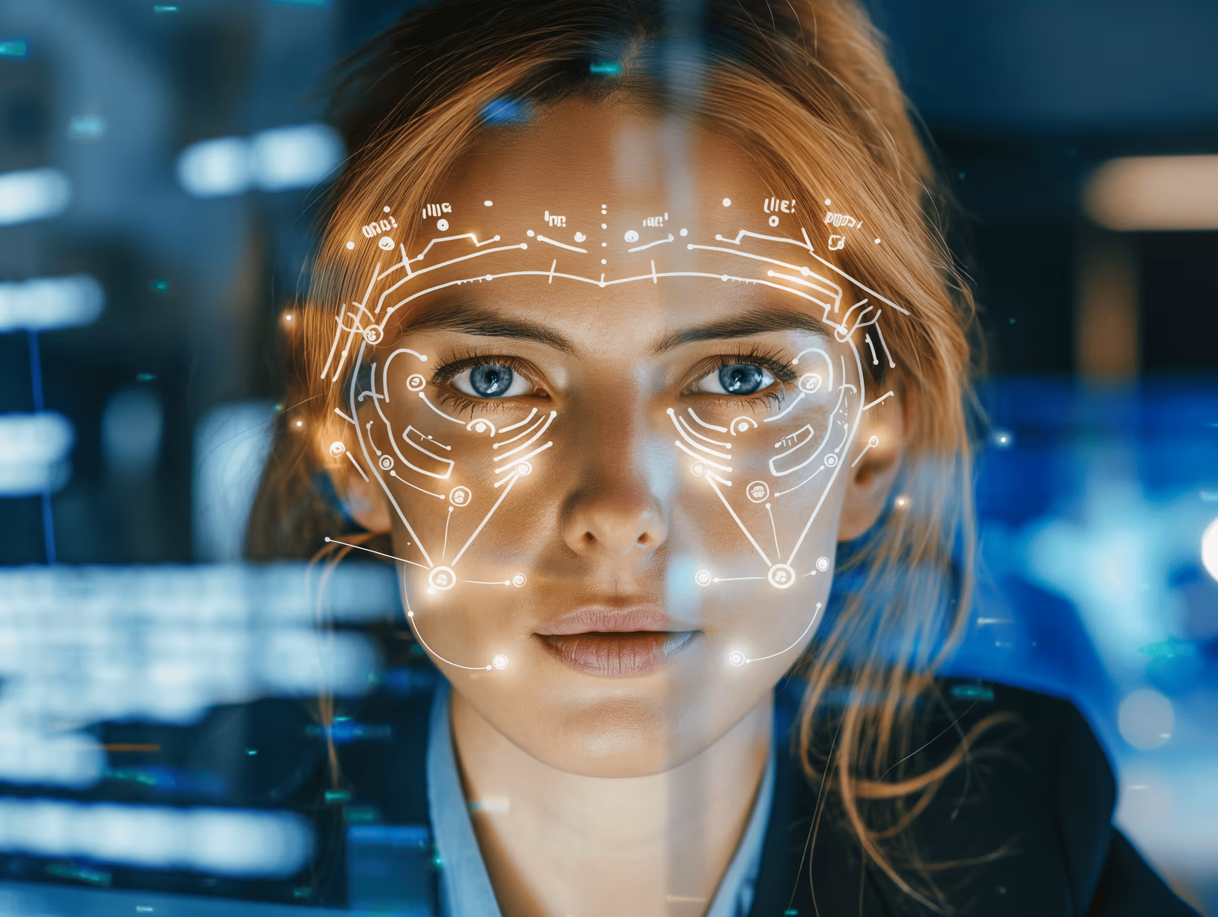 Close-up of a woman’s face with digital facial recognition interface overlay on her features.