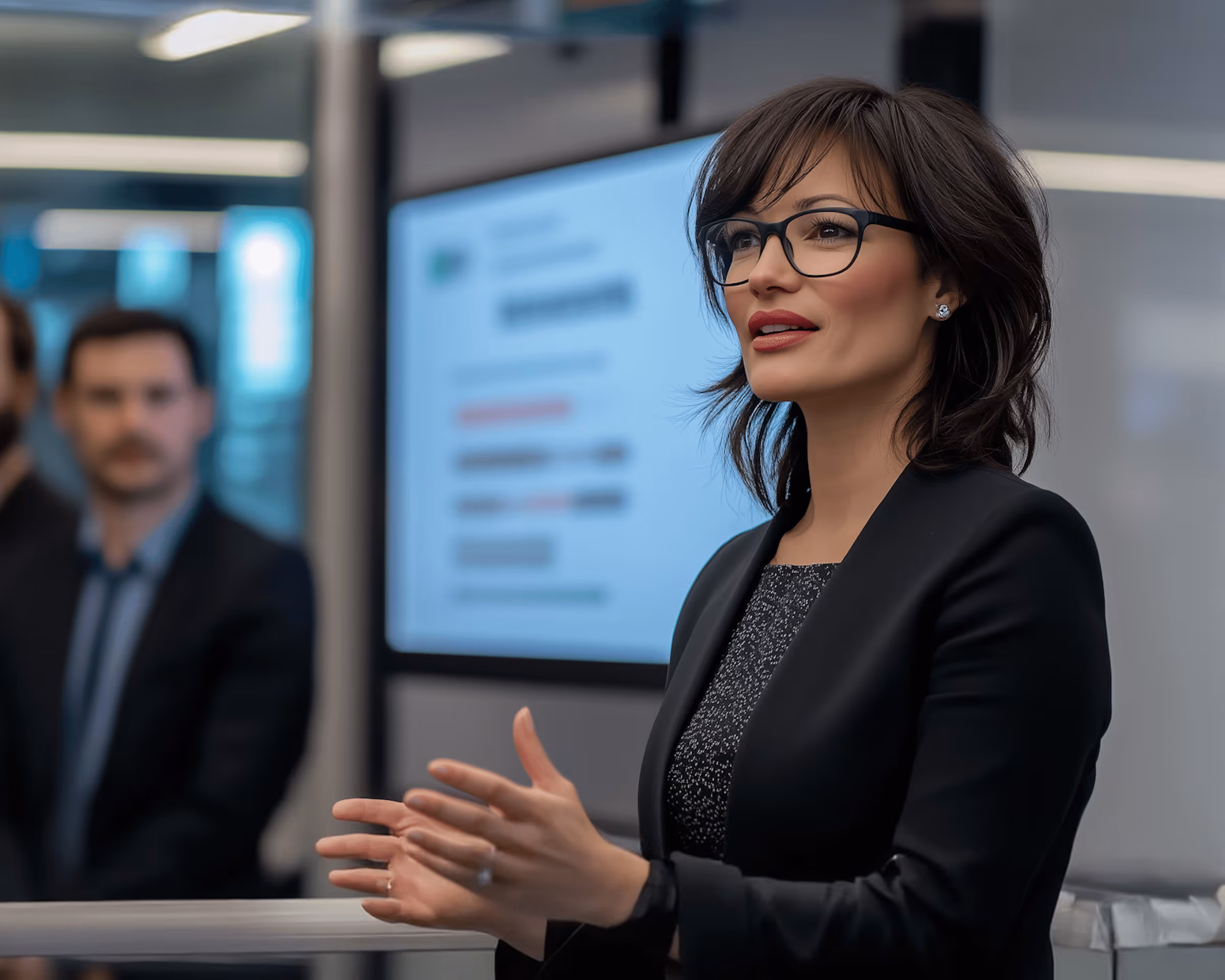 Woman with glasses and dark hair speaking in a professional setting with a blurred presentation screen behind.