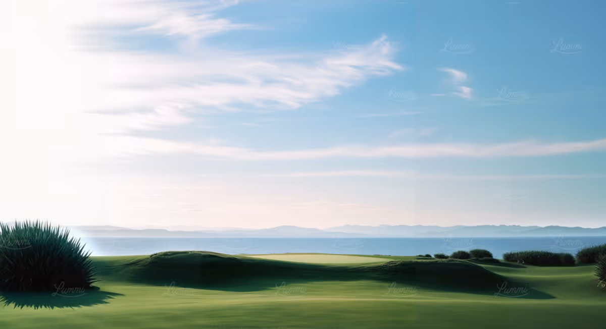 Golf course with green fairways overlooking a calm sea under a blue sky with light clouds.