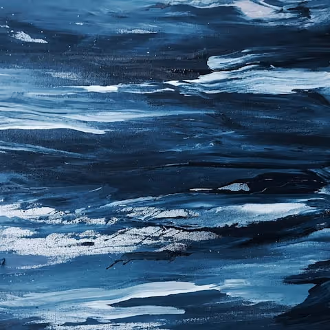 Abstract painting featuring dynamic blue and white brushstrokes resembling swirling water or clouds.