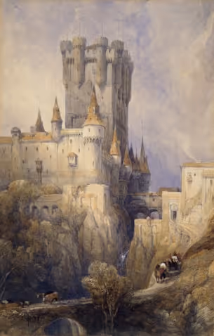 A large medieval castle with multiple tall towers and turrets situated on a rocky cliff under a cloudy sky.