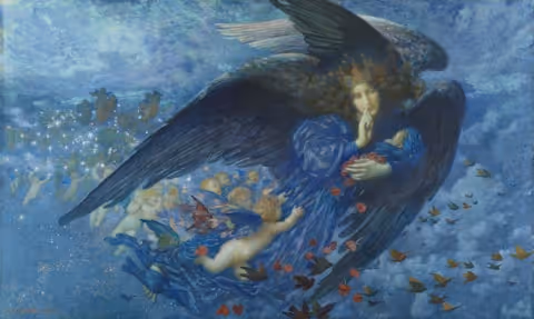 Blue-winged angel in a flowing blue gown holding a baby, surrounded by cherubs and floating red flowers in a dreamy, starry sky.