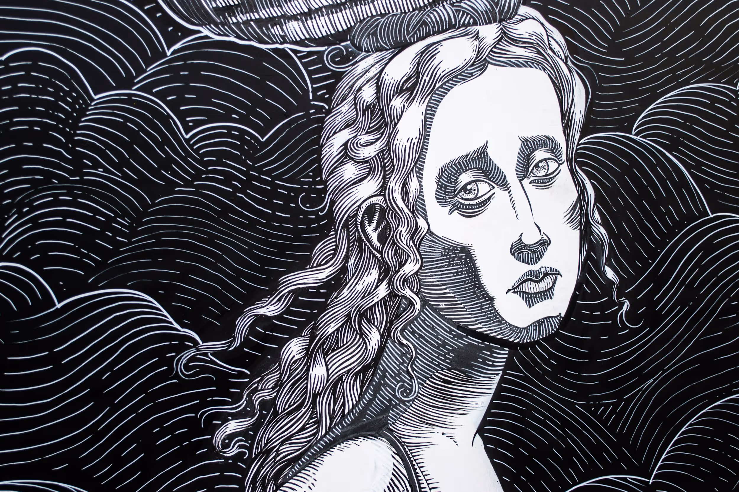 Black and white line art portrait of a melancholic woman with flowing hair against a patterned background.
