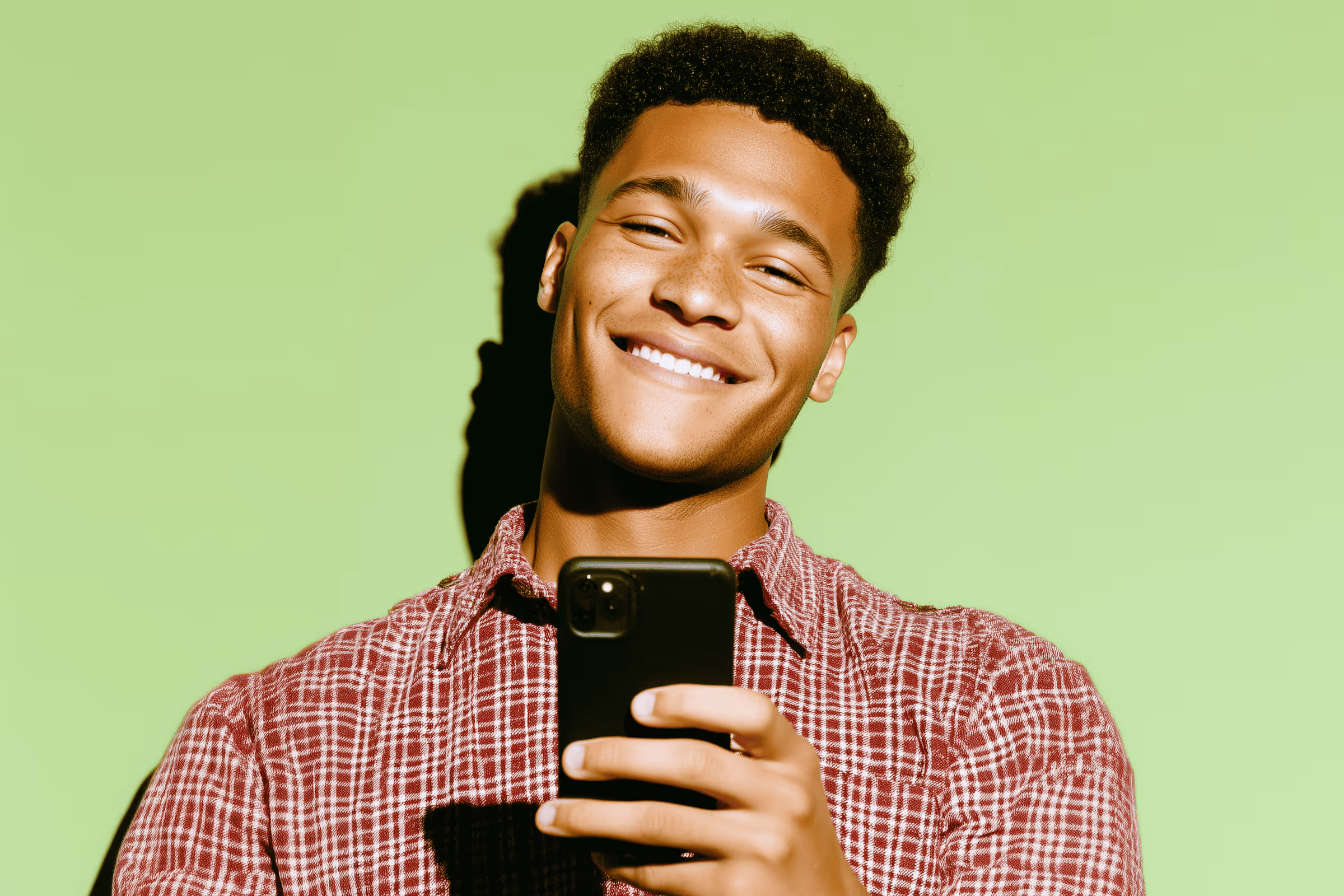 Smiling young man in red checkered shirt holding a smartphone against a green background.