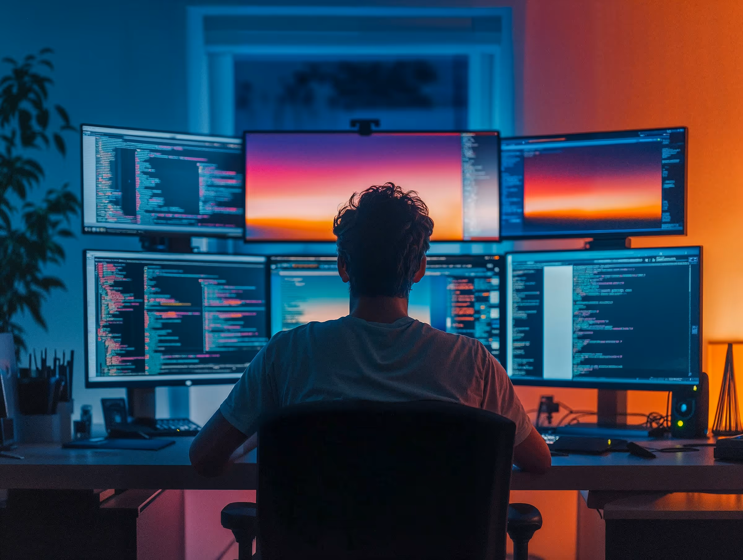 Person sitting in front of six computer monitors displaying colorful code and data in a dimly lit room.