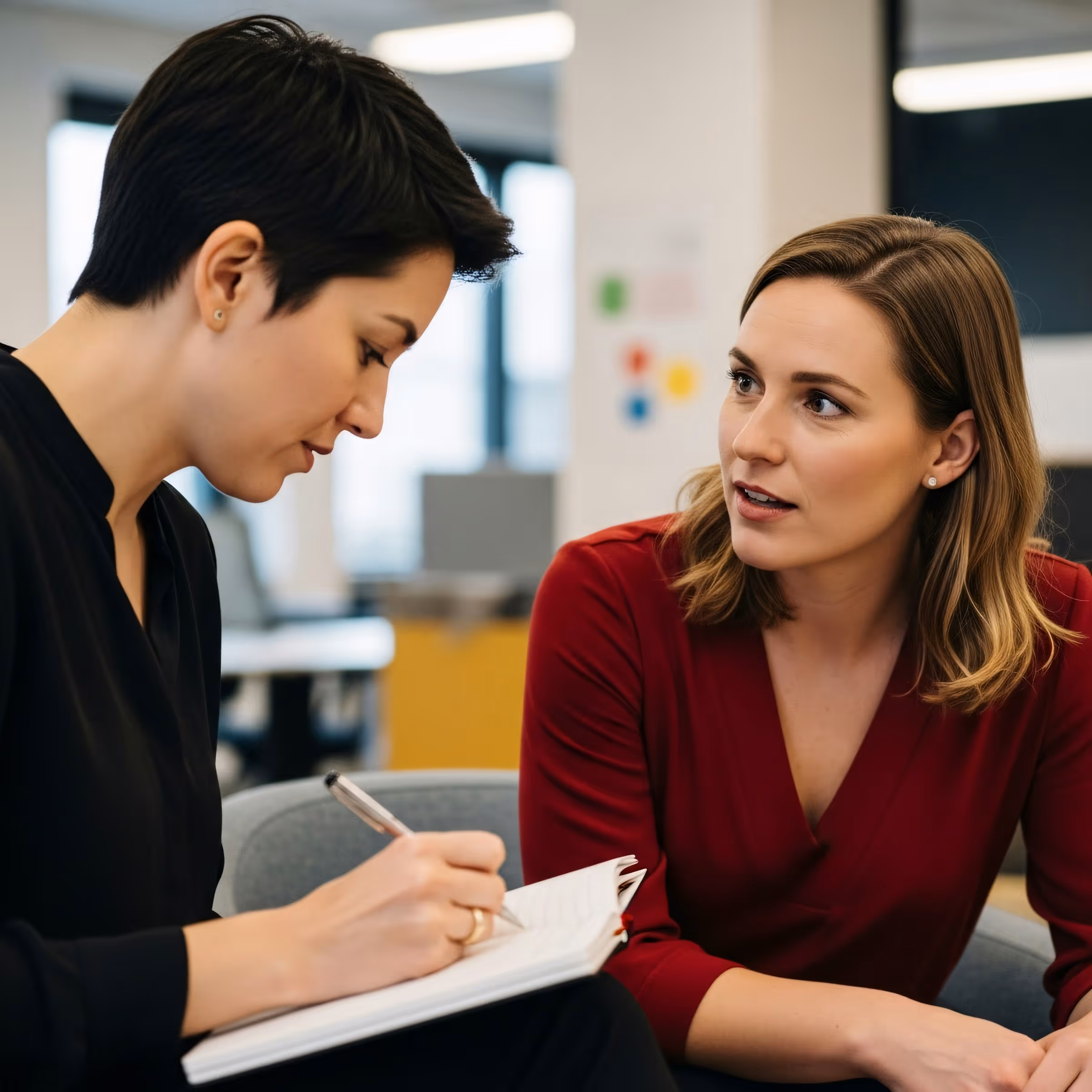 Two women in an office having a focused conversation, one writing in a notebook.