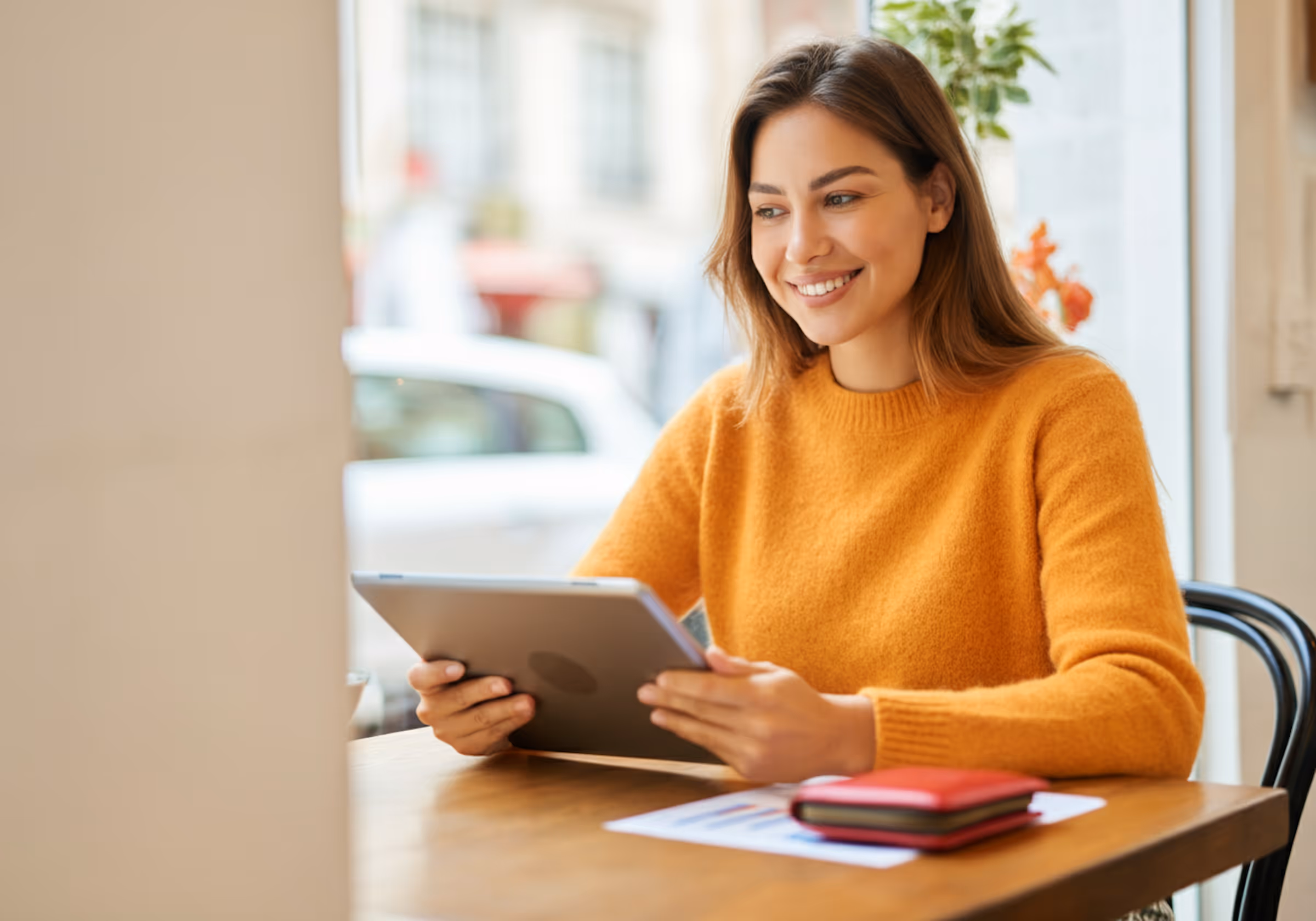 Smiling woman in an orange sweater using a tablet while sitting at a wooden table indoors.