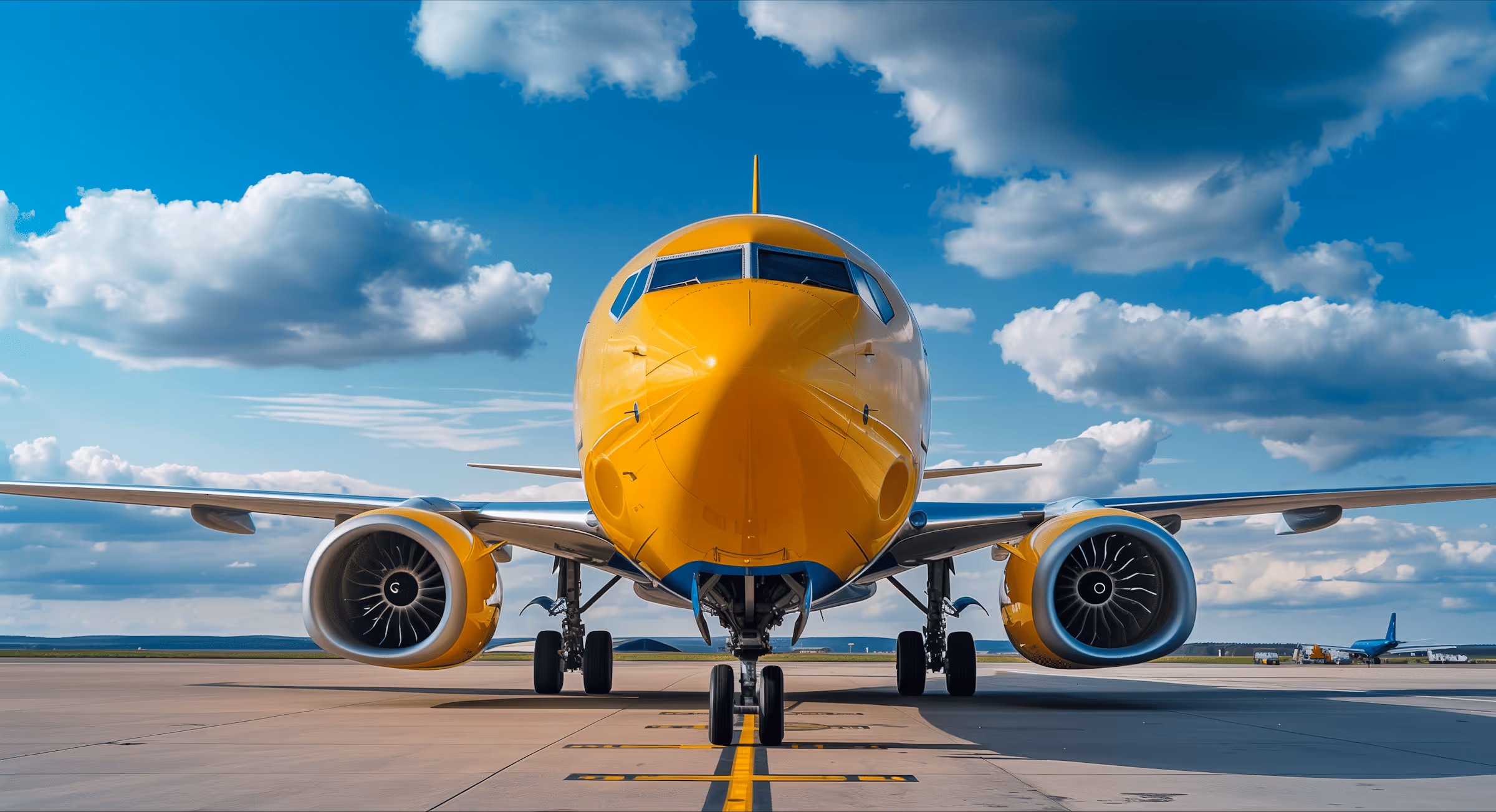 Front view of a yellow airplane parked on the runway under a partly cloudy blue sky.