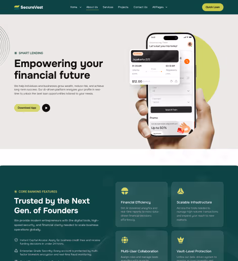 Hand holding phone displaying financial app with loan search and promo details on SecureVest homepage.