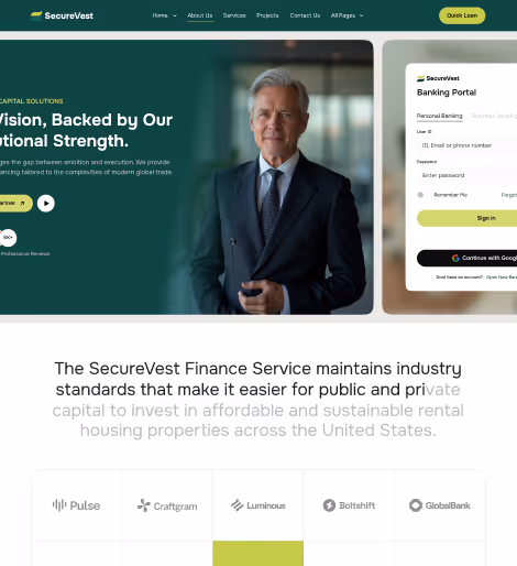 SecureVest website homepage featuring a business professional portrait and a banking portal login form.