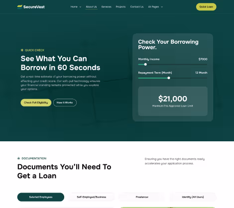 Loan eligibility calculator showing monthly income, repayment term, and $21,000 max loan limit on SecureVest.