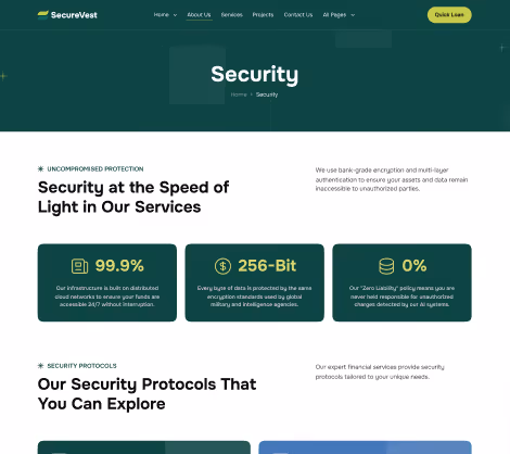 SecureVest webpage section titled Security highlighting 99.9% uptime, 256-bit encryption, and zero liability policy.