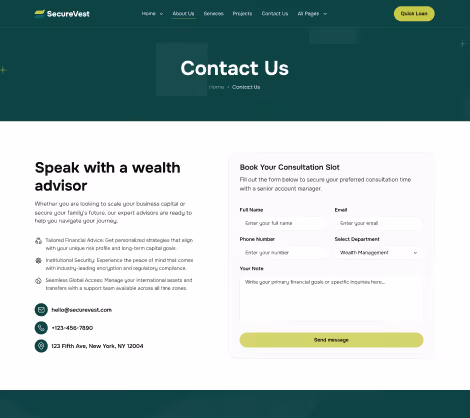 Contact Us page with SecureVest logo, menu, advisor services details, and a consultation booking form.